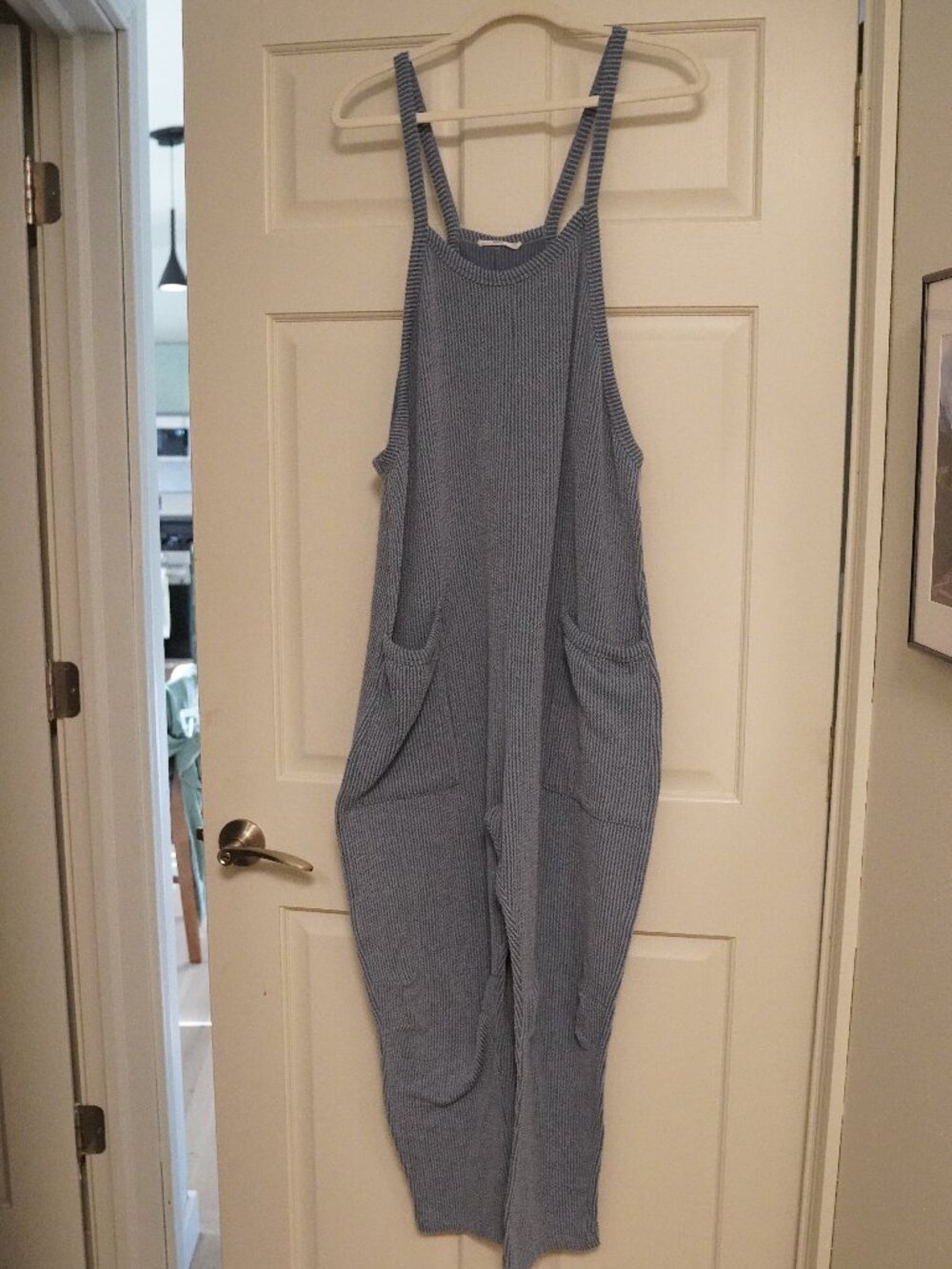Blue Gray Ribbed Pocket Overall Jumpsuit L by Wasabi + Mint Lagenlook Boho